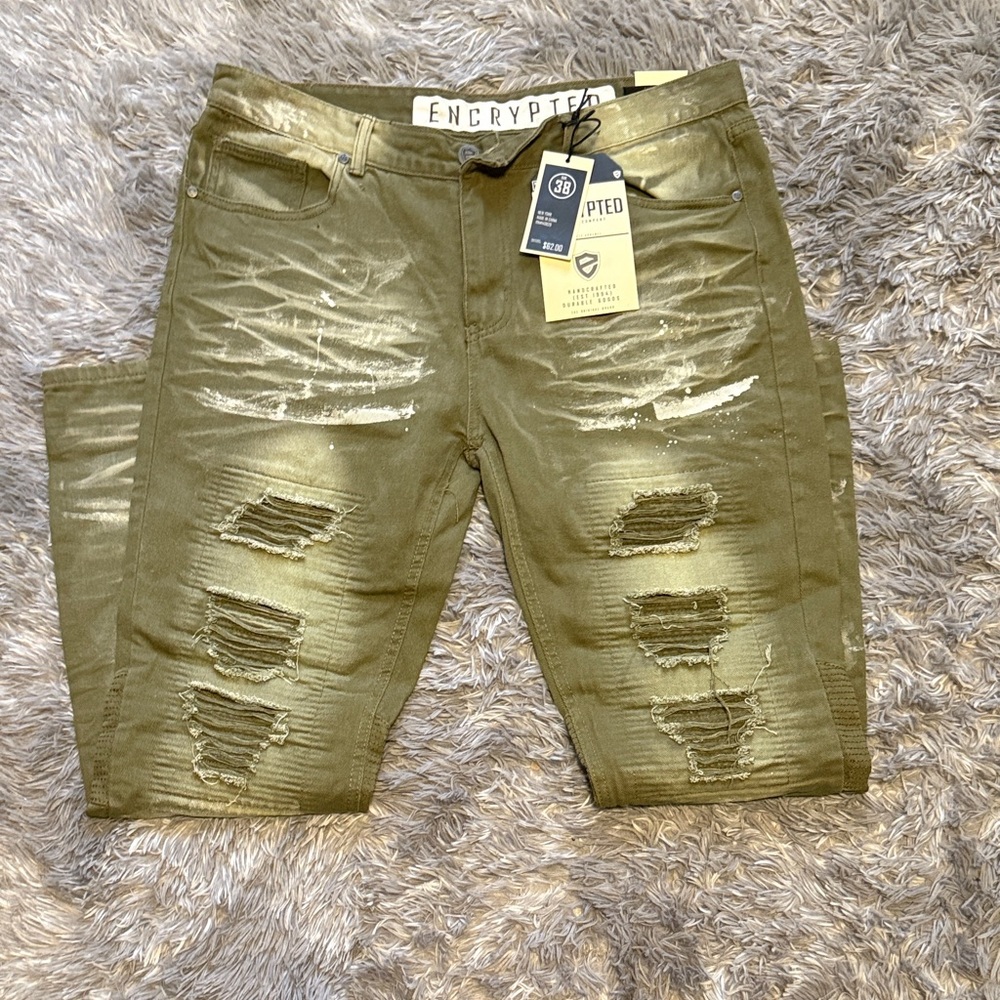 Encrypted Olive Distressed Skinny Jeans for Men
